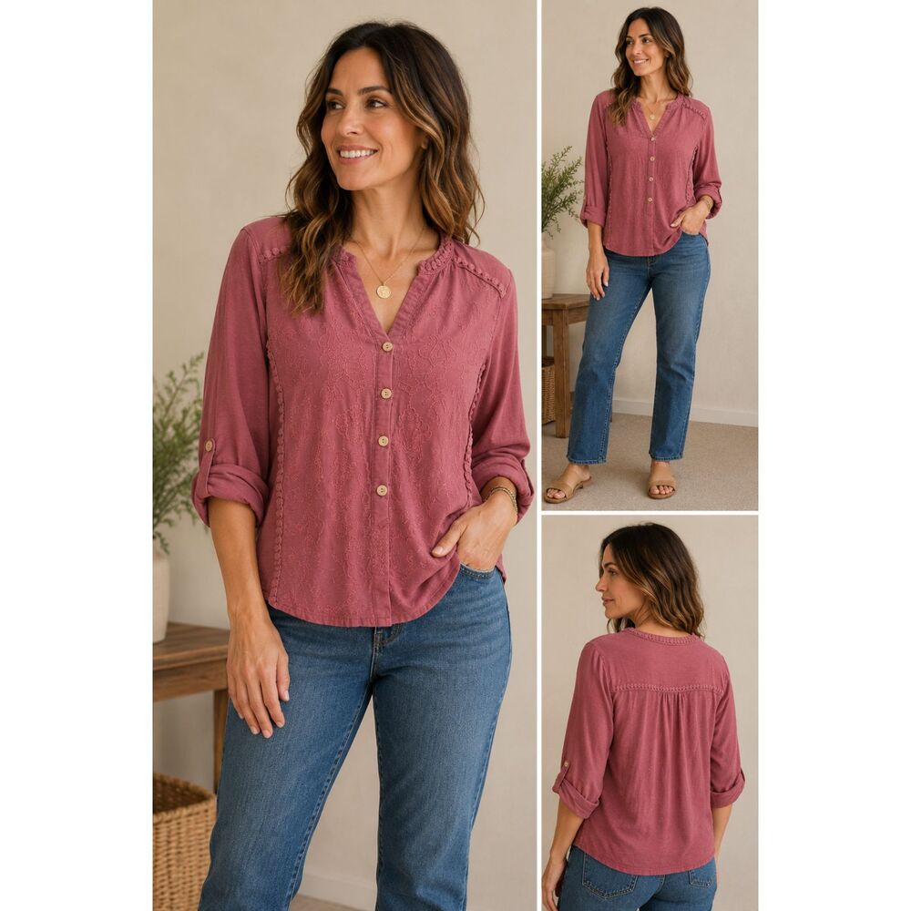 Democracy Dusty Rose Embroidered Blouse Size XL Button Front Boho Top